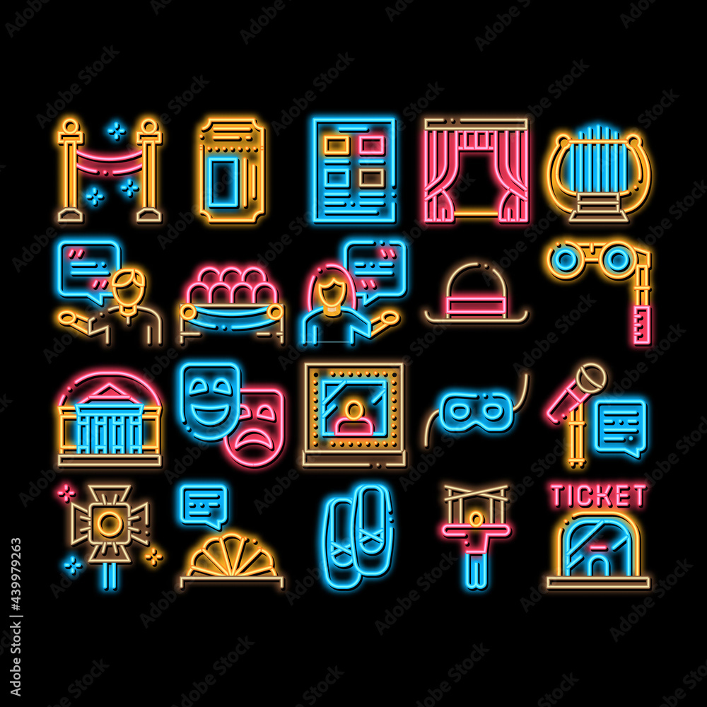 Canvas Prints Theatre Equipment neon light sign vector. Glowing bright icon Theatre Ticket And Binoculars, Mask And Microphone, Curtain And Seats, Building And Hat Illustrations