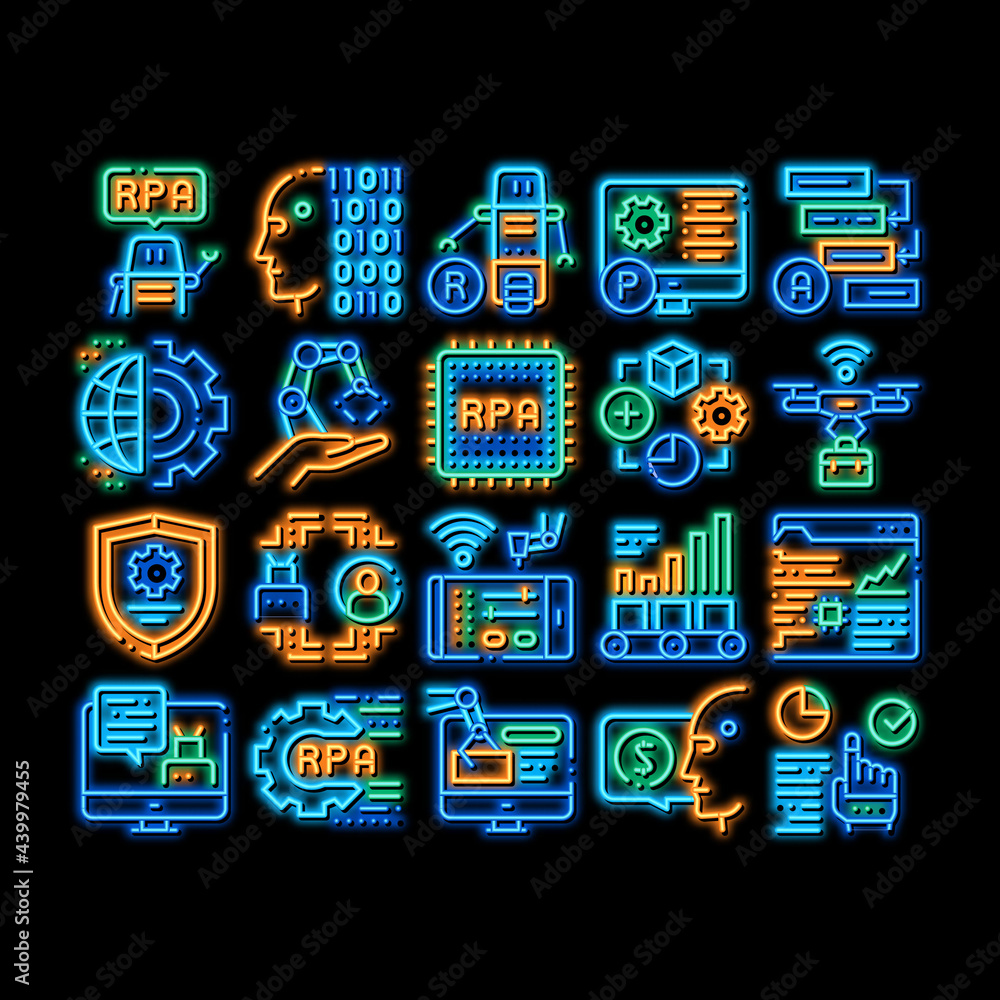 Poster rpa cyber technology neon light sign vector. glowing bright icon rpa robotic process automation, dro