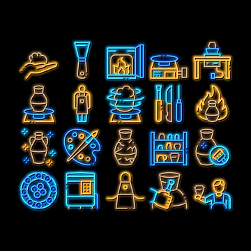 Pottery And Ceramics neon light sign vector. Glowing bright icon Pottery Equipment And Kiln, Potter And Spatula, Vase And Plate, Paint And Roasting Illustrations