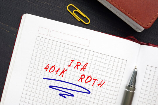 Conceptual photo about IRA 401K ROTH Individual Retirement Accounts with handwritten text. A type of retirement savings plan that allows you to make contributions after taxes have been taken out.