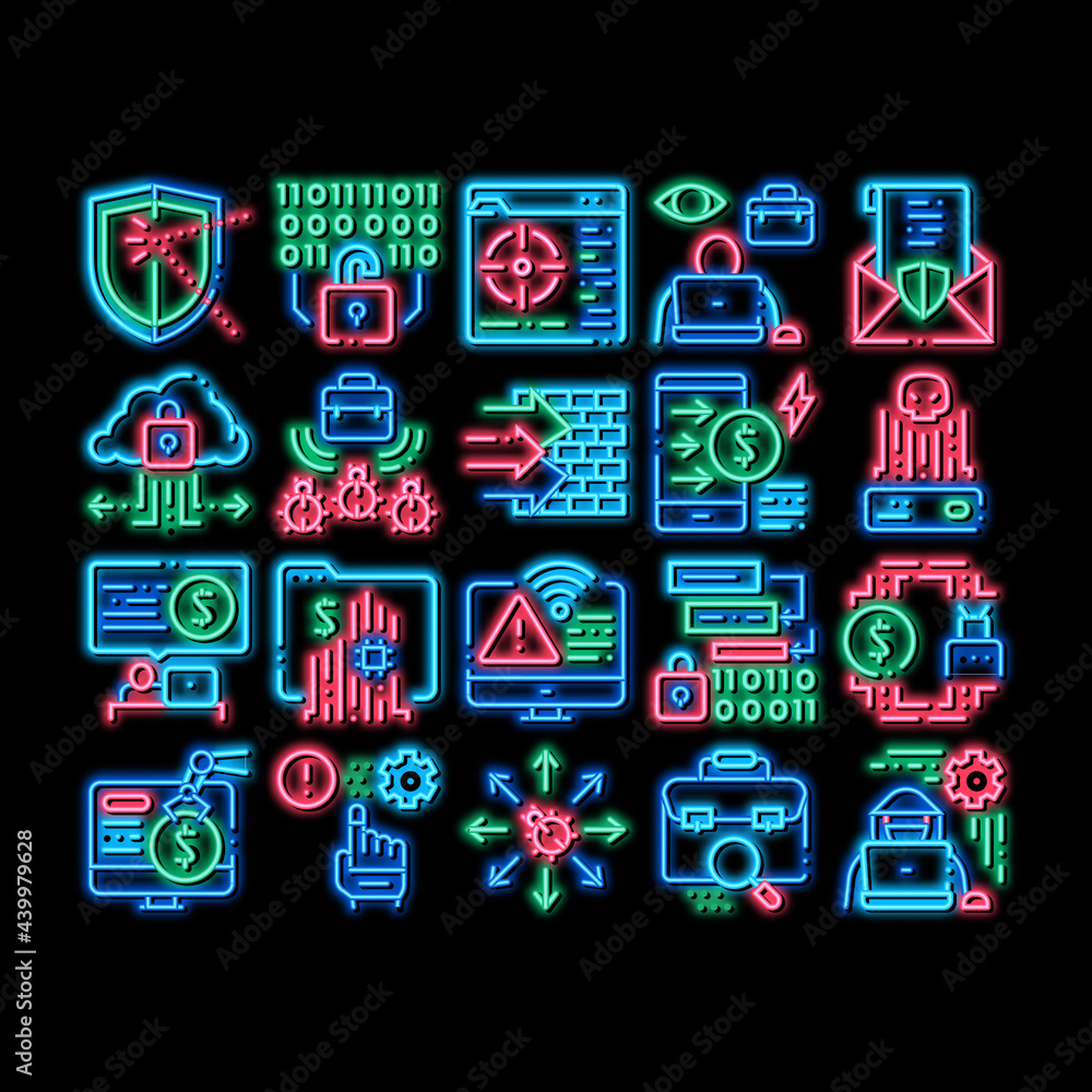 Wall mural Pentesting Software neon light sign vector. Glowing bright icon Pentesting Programming Code, Cybersecurity Shield, Web Site Penetration Test Illustrations