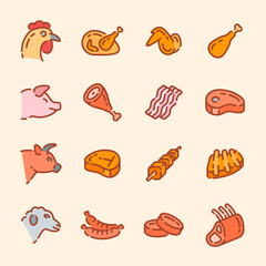 Set of different meat products color outline icons. Vector illustration.
