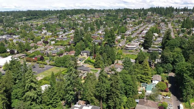 Cinematic 4K drone panning footage of the Edmonds residential area, The Bowl of Edmonds near Seattle in Western Washington, Pacific Northwest, in Snohomish County