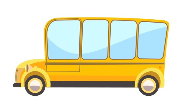 Yellow childrens Bus. Cartoon comic funny style. Side view. Beautiful Automobile. Auto in flat design. Object is isolated on white background. Vector