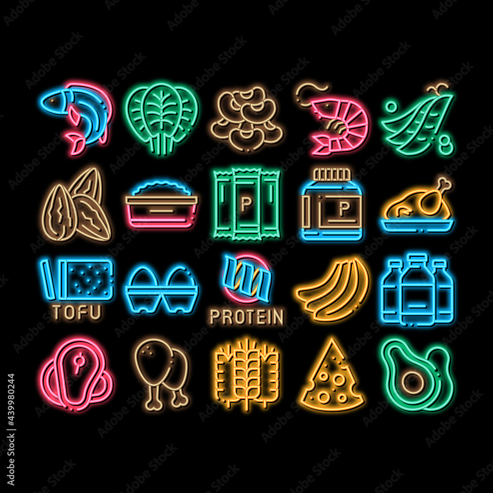 Canvas Prints Protein Food Nutrition neon light sign vector. Glowing bright icon Bottle And Package With Protein, Fish And Chicken Meat, Milk And Cheese Illustrations