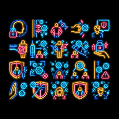 Immunity Human Biological Defense neon light sign vector. Glowing bright icon Protective Bacterias, Syringe And Shield, Vitamin And Healthcare Pills For Immunity Illustrations