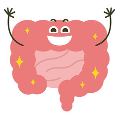 笑顔の大腸のキャラクター。腸内環境が良くて喜んでいる大腸のイラスト。