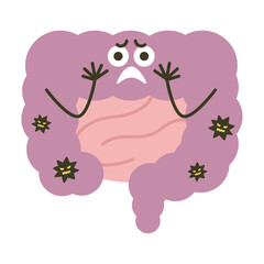 困ってる大腸のキャラクター。ウイルスや細菌が増えた大腸のイラスト。