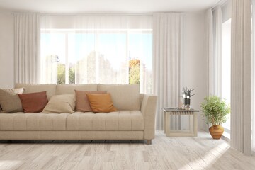 Stylish room in white color with sofa and autumn landscape in window. Scandinavian interior design. 3D illustration