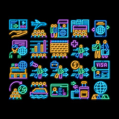 Immigration Refugee neon light sign vector. Glowing bright icon Immigration Person With Baggage, Passport And Visa, Cruise Liner Voyage And Airplane Illustrations