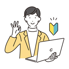 シンプル　イラスト　若葉マークと笑顔の女性