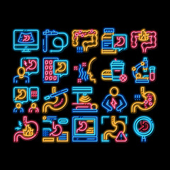 Obraz na płótnie Canvas Gastroenterology And Hepatology neon light sign vector. Glowing bright icon Gastroenterology Department, Stomach Ache And Analysis, Fat Food And Unhealthy Drink Illustrations