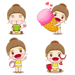 Set collection of cute girl doing summer activities. Cartoon design illustration with isolated white background.
