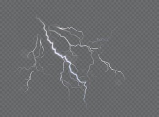 Vector realistic dark stormy sky with clouds, heavy rain and lightning strikes.