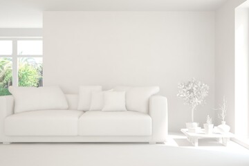 Mock up of stylish room in white color with sofa and green landscape in window. Scandinavian interior design. 3D illustration