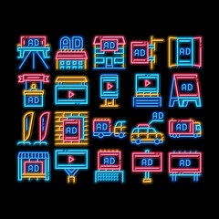 Outdoor Media Advertising Promo neon light sign vector. Glowing bright icon Advertising Billboard And Tablet, Poster And Banner, Advertise On Car And Building Illustrations