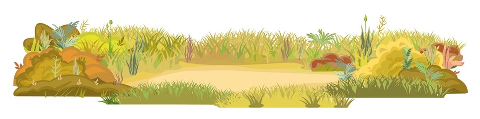 Dense autumn meadow. Sandy area. Herbal yellowing thickets. Grass area. Playground. A place. Beautiful and graceful landscape. Isolated on white background. Flat style. Cartoon design. Vector