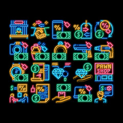 Pawnshop Exchange neon light sign vector. Glowing bright icon Pawnshop Building And Handshake, Laptop And Phone, Photo Camera And Jewelry Stone Illustrations