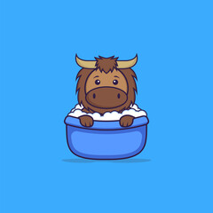 Cute bull taking a bath in the bathtub. Animal cartoon concept isolated. Can used for t-shirt, greeting card, invitation card or mascot. Flat Cartoon Style