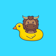 Cute bull With Duck buoy. Animal cartoon concept isolated. Can used for t-shirt, greeting card, invitation card or mascot. Flat Cartoon Style