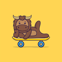Cute bull lying on a skateboard. Animal cartoon concept isolated. Can used for t-shirt, greeting card, invitation card or mascot. Flat Cartoon Style