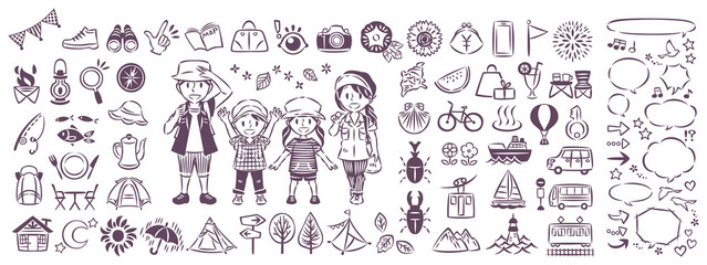 Fototapeta premium 夏休みの旅行 アウトドアレジャー 家族 アイコンイラストと吹き出し セット