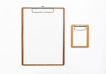 Wooden clipboard with blank paper and small paper clipboard isolate on white background, stationary item, office object