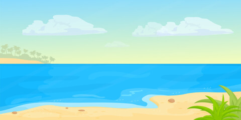 Fototapeta na wymiar Tropical seascape beach with sea, sand in cartoon style. Horizontal banner, summer vacation exotic coast. Calm, relaxing scene. Vector illustration