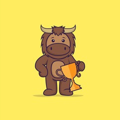 Cute bull holding gold trophy. Animal cartoon concept isolated. Can used for t-shirt, greeting card, invitation card or mascot. Flat Cartoon Style