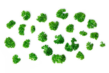 Top view chopped parsley leaves on white background.