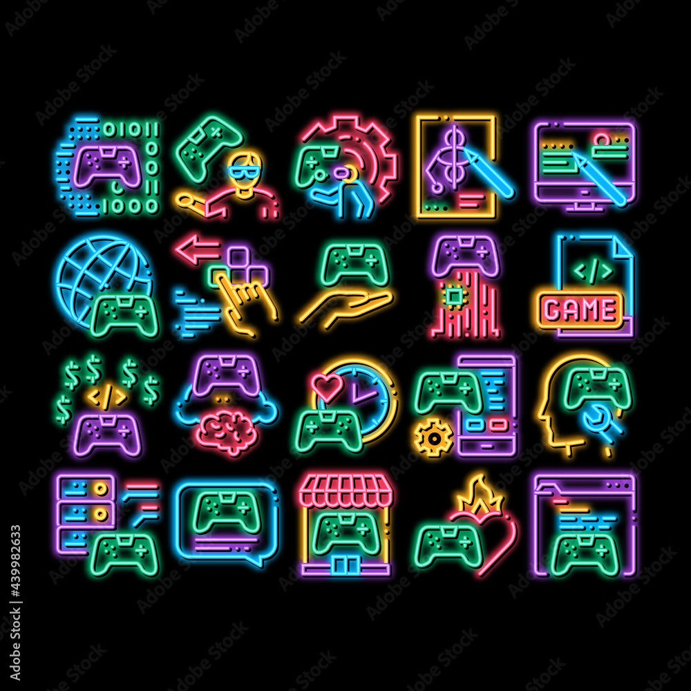 Poster video game development neon light sign vector. glowing bright icon game development, coding and desi