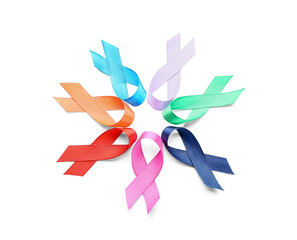 Different awareness ribbons on white background