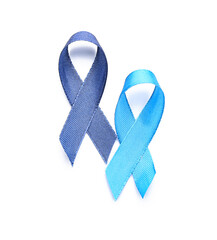 Blue ribbons on white background. Prostate and colon cancer concept