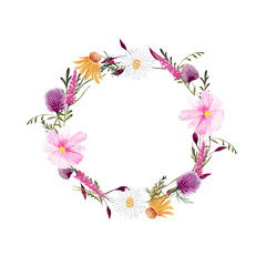 Wildflowers circle border. Wreath for cards, postcards, weddings and celebrations. 