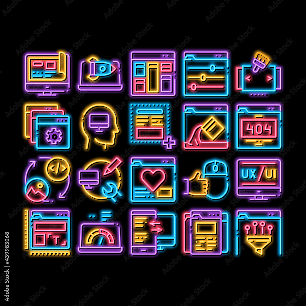 Sticker Web Design Development neon light sign vector. Glowing bright icon Creative Web Design Studio Tool And Settings, Error Message And Filtering Data Illustrations