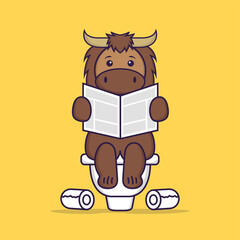 Cute bull Pooping On Toilet and read newspaper. Animal cartoon concept isolated. Can used for t-shirt, greeting card, invitation card or mascot. Flat Cartoon Style
