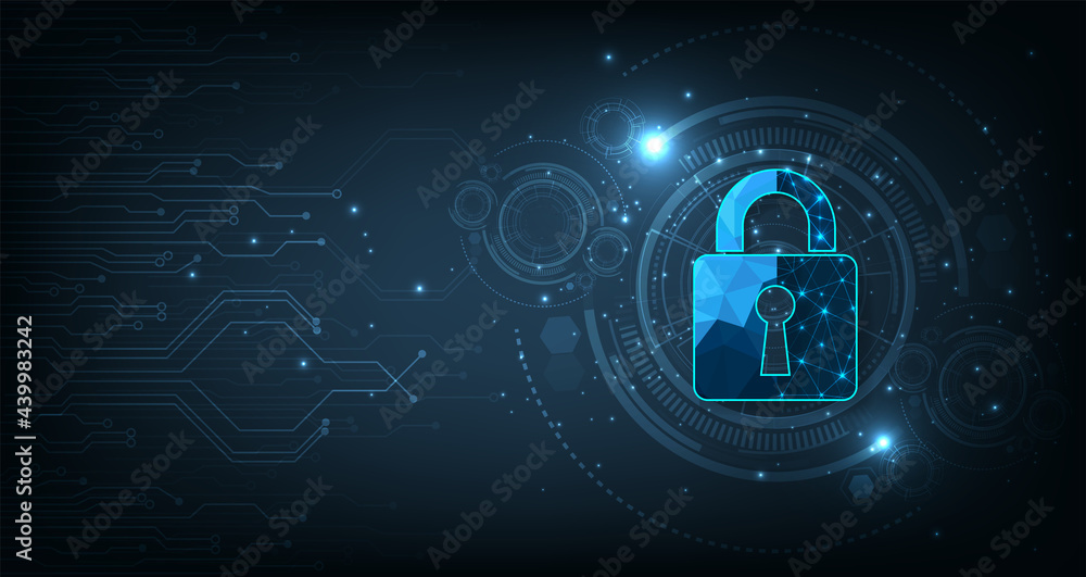 Aufkleber Internet security and Data prevent concept.Security Padlock lock  icon on dark blue background.Technology for online data access defense against hacker and virus.Technology security concept. 