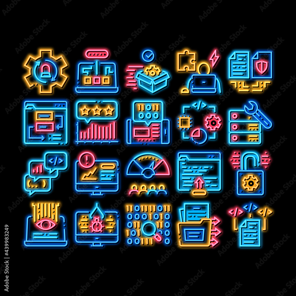 Poster software testing and analysis neon light sign vector. glowing bright icon computer software, code an