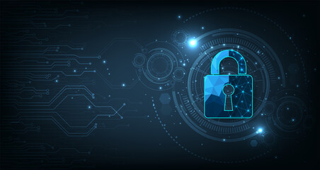 Internet security and Data prevent concept.Security Padlock lock  icon on dark blue background.Technology for online data access defense against hacker and virus.Technology security concept. 