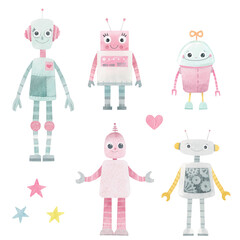 Beautiful set with cute hand drawn watercolor baby girl robots. Stock illustration.