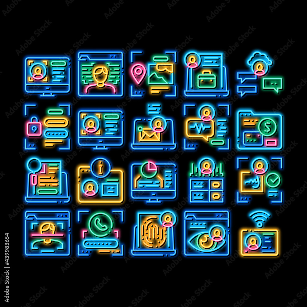 Poster digital identity user neon light sign vector. glowing bright icon electronic signature and face scan