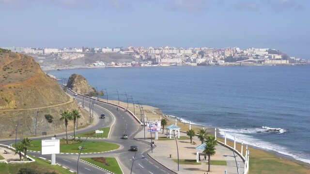 Pan right shot of Ceuta coast on sunny day