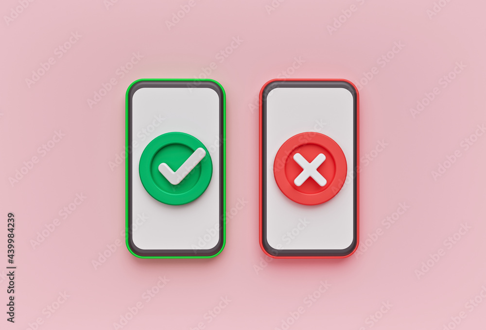 Poster tick and cross signs on smartphone. minimal design. 3d rendering
