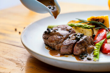 Wagyu beef steak with spicy Pepper sauce. premium Japanese Wagyu beef.