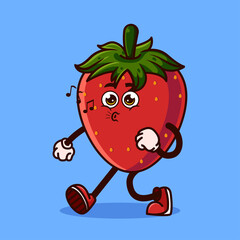 Cute Strawberry fruit character walking with happy face. Fruit character icon concept isolated. flat cartoon style Premium Vector