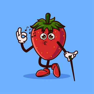 Cute Strawberry fruit character okay gesture and whistle. Fruit character icon concept isolated. flat cartoon style Premium Vector