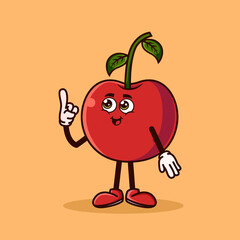 Cute Cherry fruit character with happy face and Gesture pointing up. Fruit character icon concept isolated. Emoji Sticker. flat cartoon style Vector