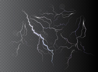 Vector realistic dark stormy sky with clouds, heavy rain and lightning strikes.