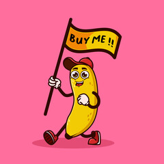 Cute Banana fruit character carrying a flag that says buy me. Fruit character icon concept isolated. Emoji Sticker. flat cartoon style Vector