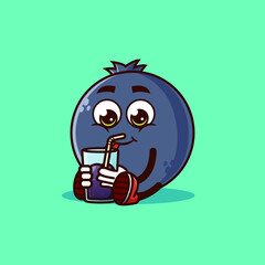 Obraz premium Cute Blueberry fruit character sitting with Blueberry juice. Fruit character icon concept isolated. Emoji Sticker. flat cartoon style Vector